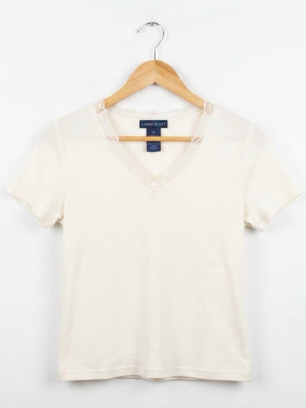 🍒 Coquette Core Lace Trim V Neck T Shirt White MEDIUM